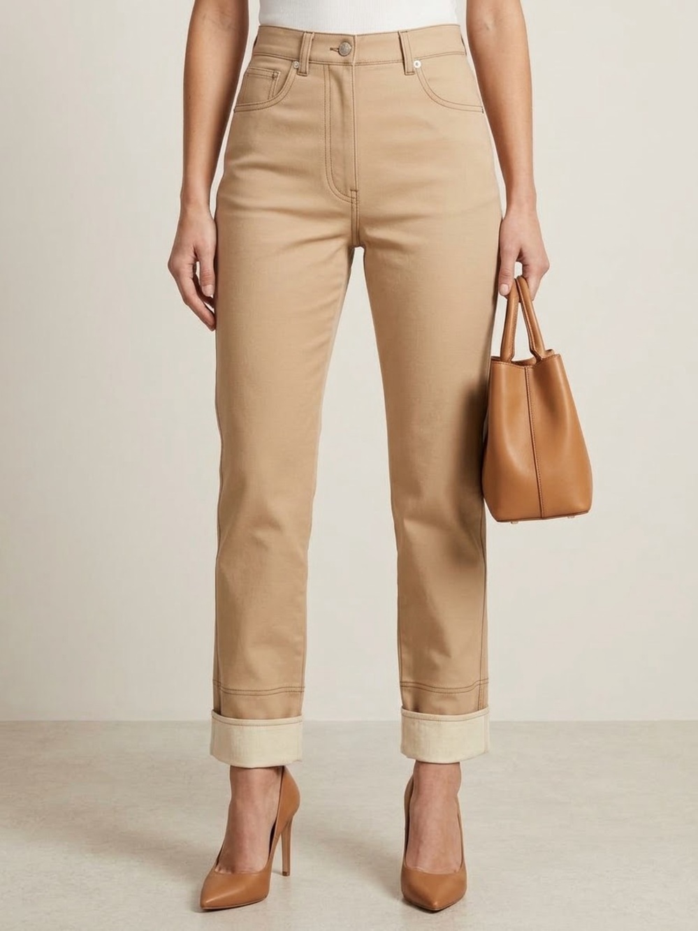 NWT Helmut Lang Sand Contrast Cuff High Rise Straight Leg Pants Women’s Size 4